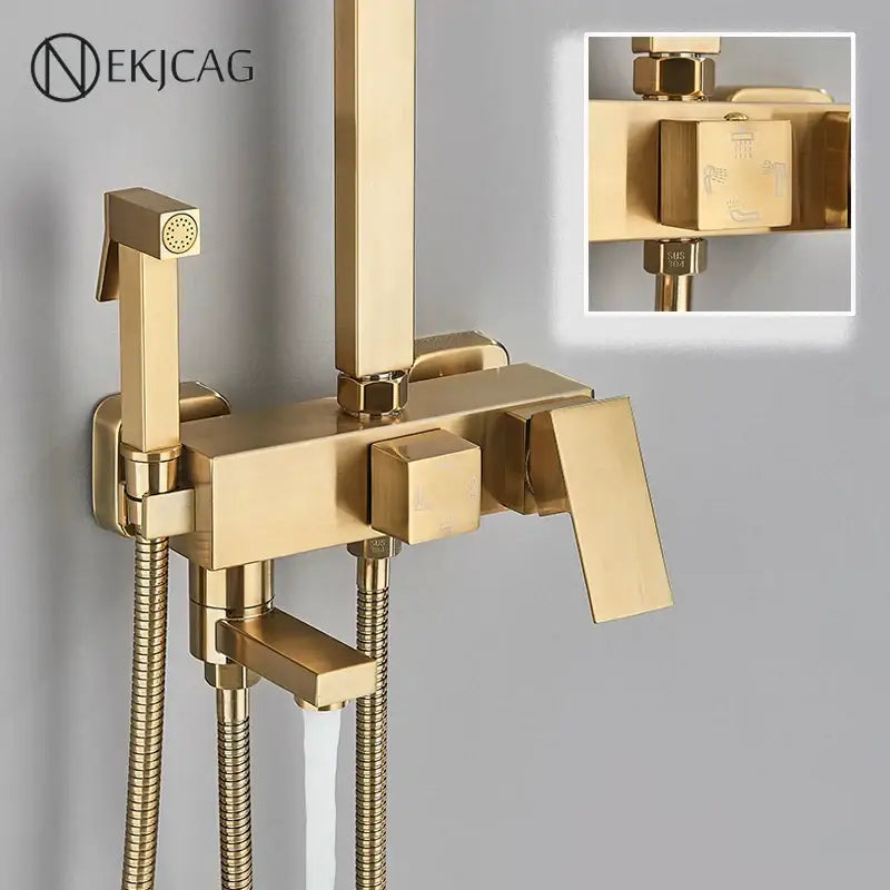 Modern brushed gold shower faucet set with a sleek rectangular design and integrated handheld sprayer for bathroom use