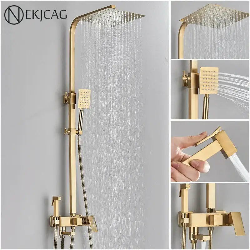 Modern brushed gold 4-function shower faucet set with gold-finished rain shower system and handheld spray nozzle
