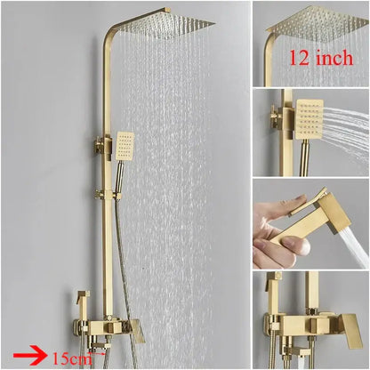 Modern brushed gold shower faucet set with 12-inch square rainhead and handheld spray faucet set for bathroom use