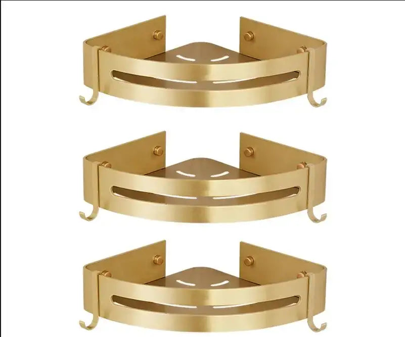 Modern brushed gold aluminum corner shelf with two hooks and central cutout design by decorbites brushed gold