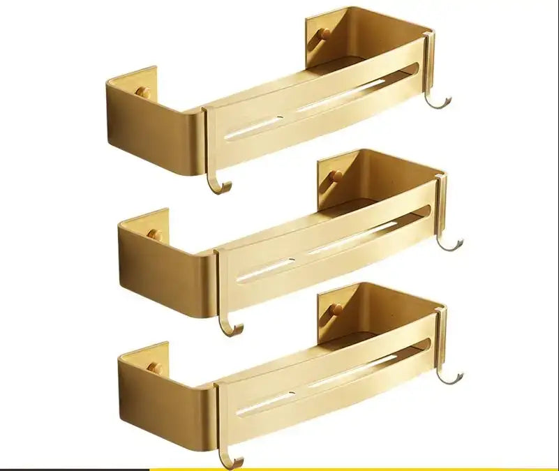 Modern brushed gold aluminum corner shelf with sleek design and two hooks by decorbites brushed gold aluminum