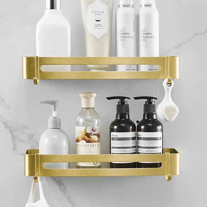 Modern brushed gold aluminum corner shelf with two tiers and integrated hooks for bathroom shampoo holder decorbites brushed gold