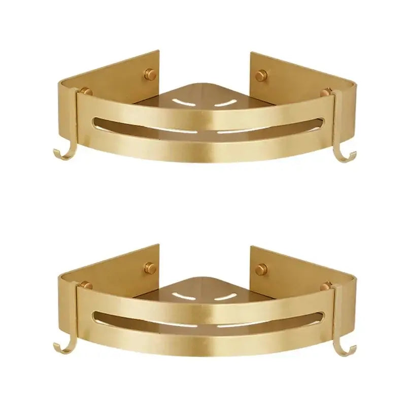 Modern brushed gold aluminum corner shelf with two hooks and central cutout design by decorbites brushed gold