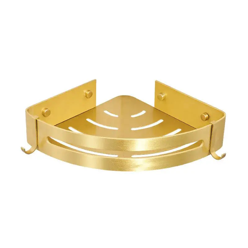 Modern brushed gold aluminum corner shelf with decorative cut-out patterns for bathroom shampoo storage decorbites brushed gold