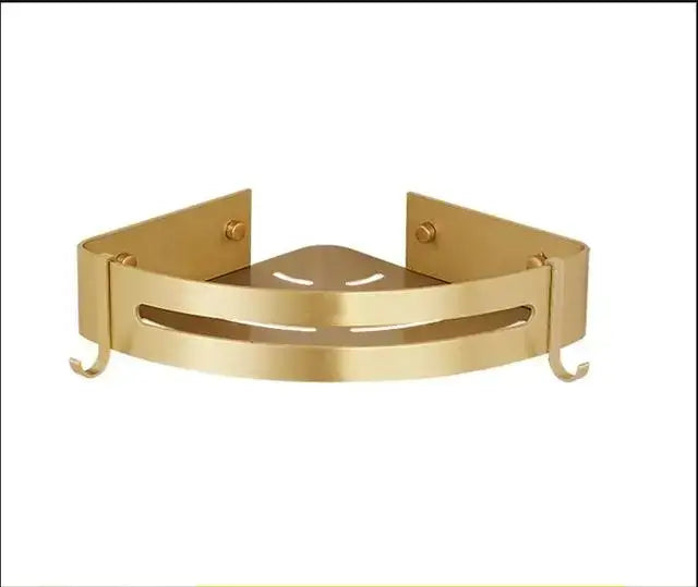 Modern brushed gold aluminum corner shelf with two hooks and central cutout design for bathroom shampoo holder decorbites brushed gold