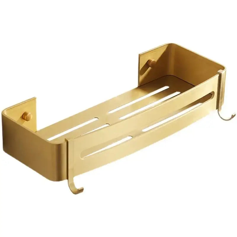 Modern brushed gold aluminum corner shelf with slotted sides and hooks for bathroom shampoo holder decorbites brushed gold