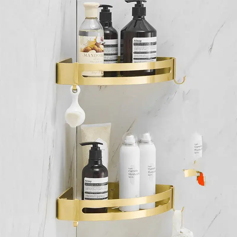 Modern brushed gold aluminum corner shelf shower caddy with two tiers and small hooks by decorbites brushed gold