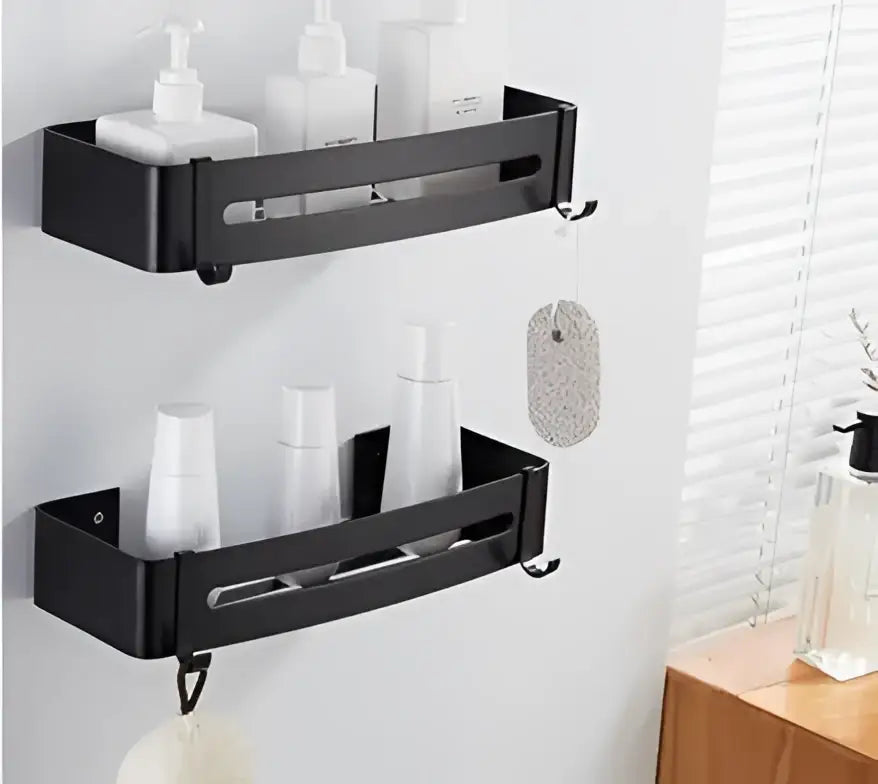 Black metal wall-mounted corner shelf with hooks for bathroom essentials by decorbites brushed gold aluminum