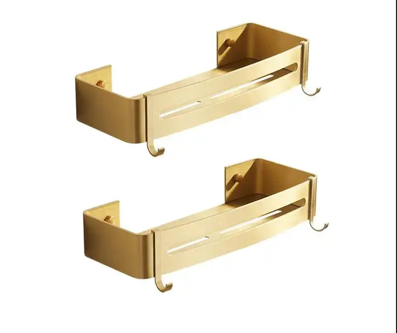 Brushed gold aluminum corner shelf with integrated hooks wall-mounted spice rack by decorbites in modern design