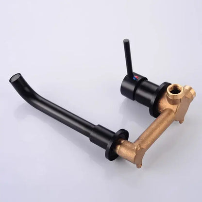 Modern brushed gold and black basin faucet set with brass curved spout and dual-handle control for bathroom sink