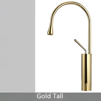 Modern brushed gold kitchen faucet with tall curved spout and cylindrical base in brushed gold brass finish