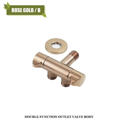 Rose gold brushed gold angled dual outlet filling valve body with polished finish and threaded connections for bathroom use