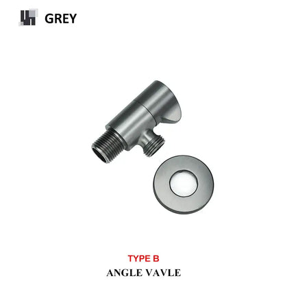 Grey metallic angled dual outlet filling valve with threaded connections and matching circular flange for bathroom use