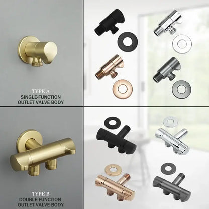Modern brushed gold angled dual outlet filling valve with gold-finished single and double-function valve bodies and caps