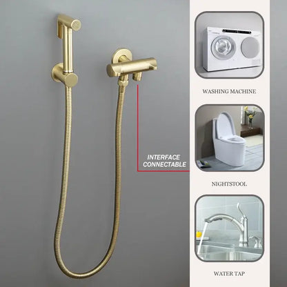 Modern brushed gold angled dual outlet filling valve with gold-colored brass handheld shower and flexible braided hose