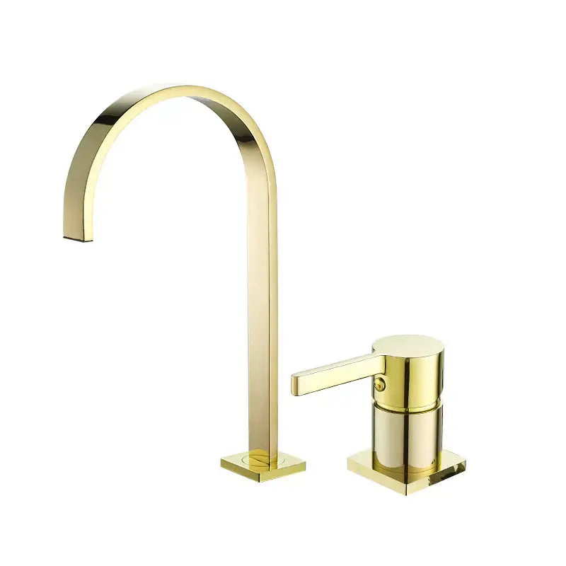 Modern brushed gold basin faucet with sleek curved spout and square base for bathroom decorbites brushed gold design