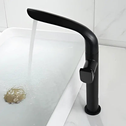 Modern basin faucet with black matte finish, sleek curved spout, and square handle for decorbites brushed gold collections
