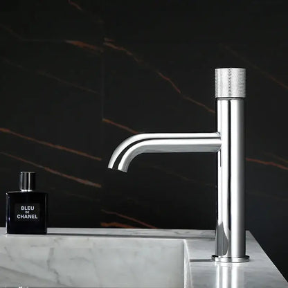 Modern brushed gold basin faucet with textured knurled handle and sleek minimalist design for bathroom decorbites brushed gold