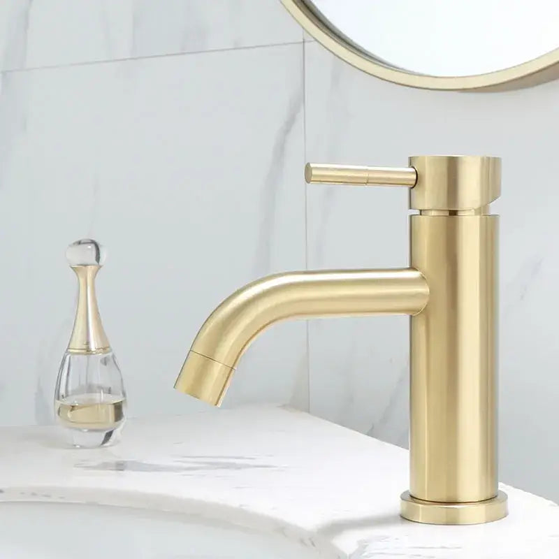 Modern brushed gold basin faucet in brushed metal finish with single-handle design for bathroom decorbites brushed gold