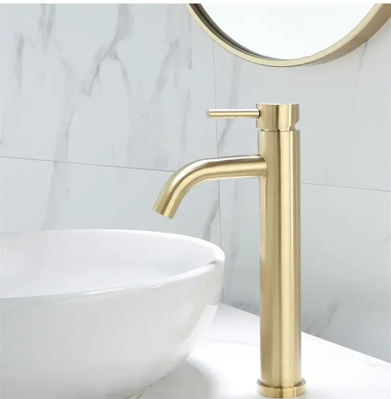 Modern brushed gold basin faucet with tall cylindrical body and curved spout from decorbites brushed gold collection