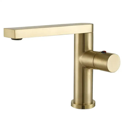 Modern brushed gold basin faucet with sleek rectangular spout and cylindrical base decorbites brushed gold design