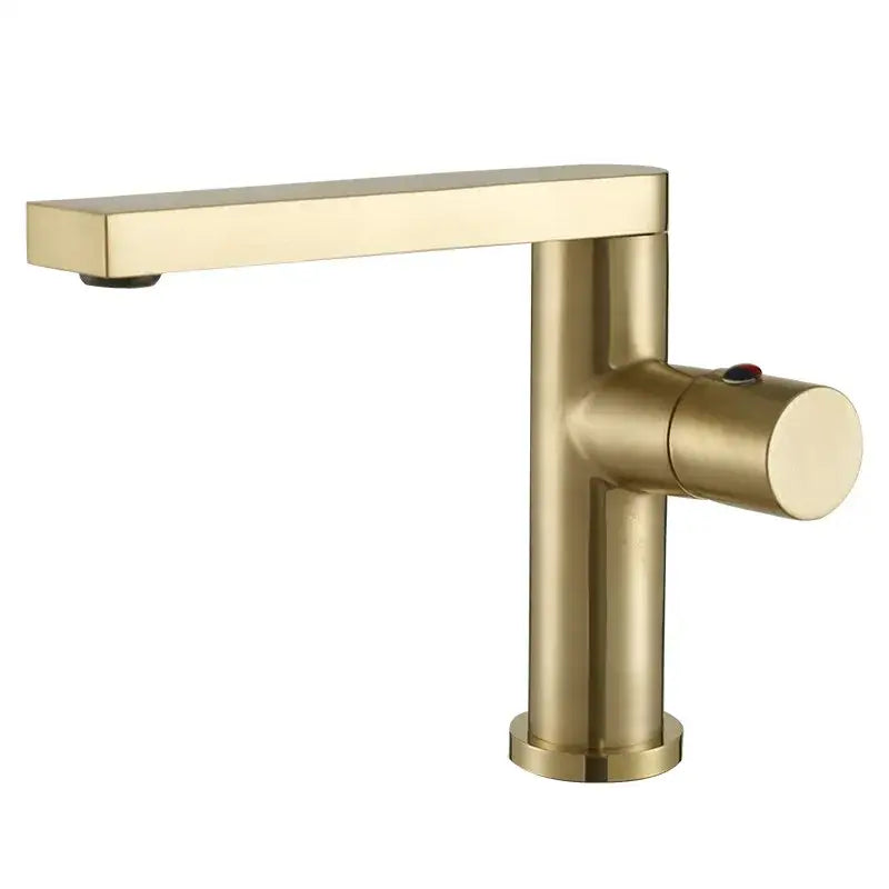 Modern brushed gold basin faucet with sleek rectangular spout and cylindrical base decorbites brushed gold design