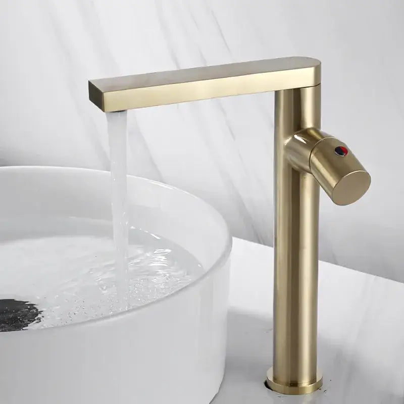 Modern brushed gold basin faucet with rectangular spout and cylindrical handle for bathroom by decorbites brushed gold