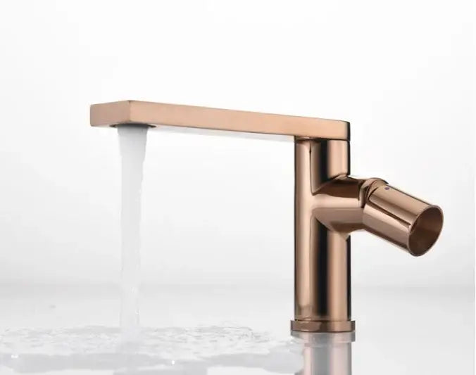 Modern brushed gold basin faucet with sleek rectangular spout and cylindrical handle by decorbites brushed gold