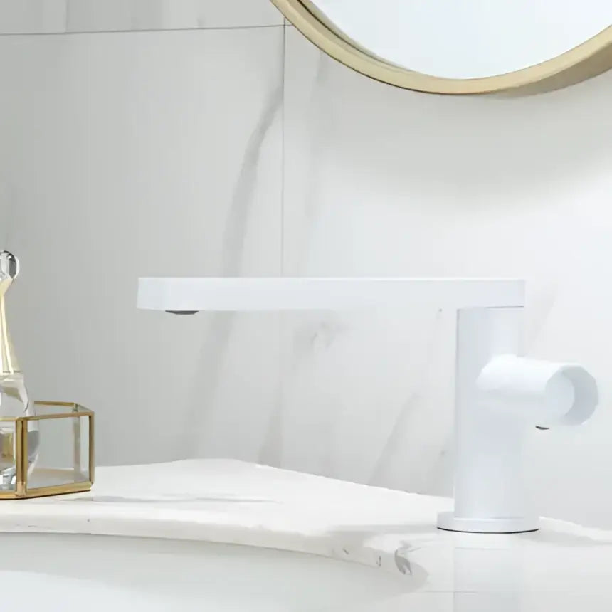 White modern bathroom basin faucet with sleek minimalist design and matte finish for decorbites brushed gold collection