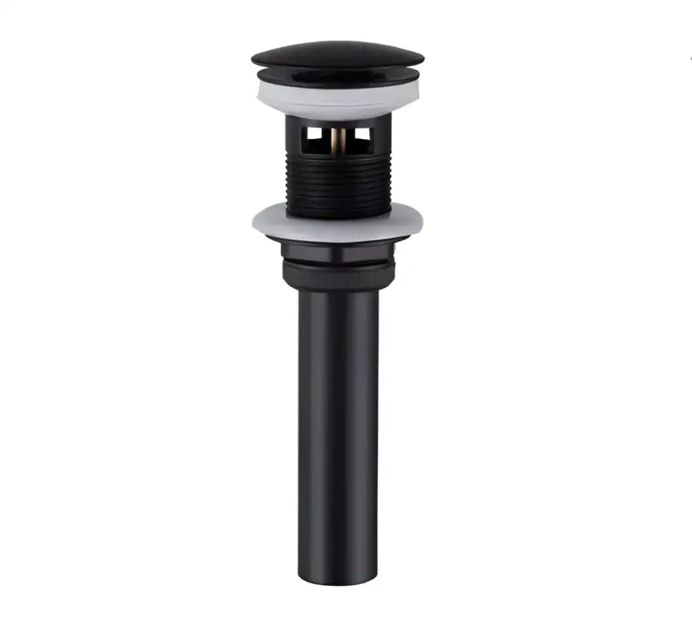 Black matte-finish bathroom sink drain with white rubber gaskets paired with modern brushed gold basin faucet decorbites brushed gold