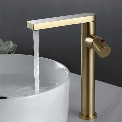 Modern brushed gold basin faucet with sleek rectangular spout and cylindrical body decorbites brushed gold design