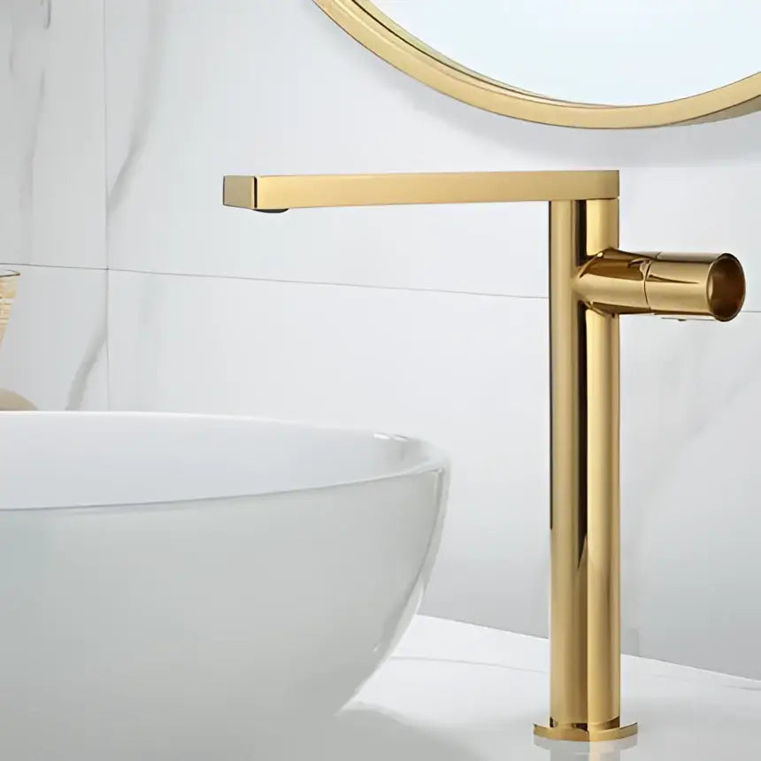 Modern brushed gold basin faucet with sleek rectangular spout and cylindrical handle by decorbites brushed gold collection