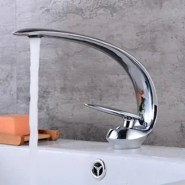 Modern brushed gold basin faucet with chrome finish arc-shaped spout and single lever decorbites brushed gold fixture