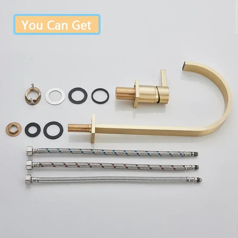 Modern brushed gold basin faucet with brass finish curved spout rectangular handle and matching braided hoses by decorbites