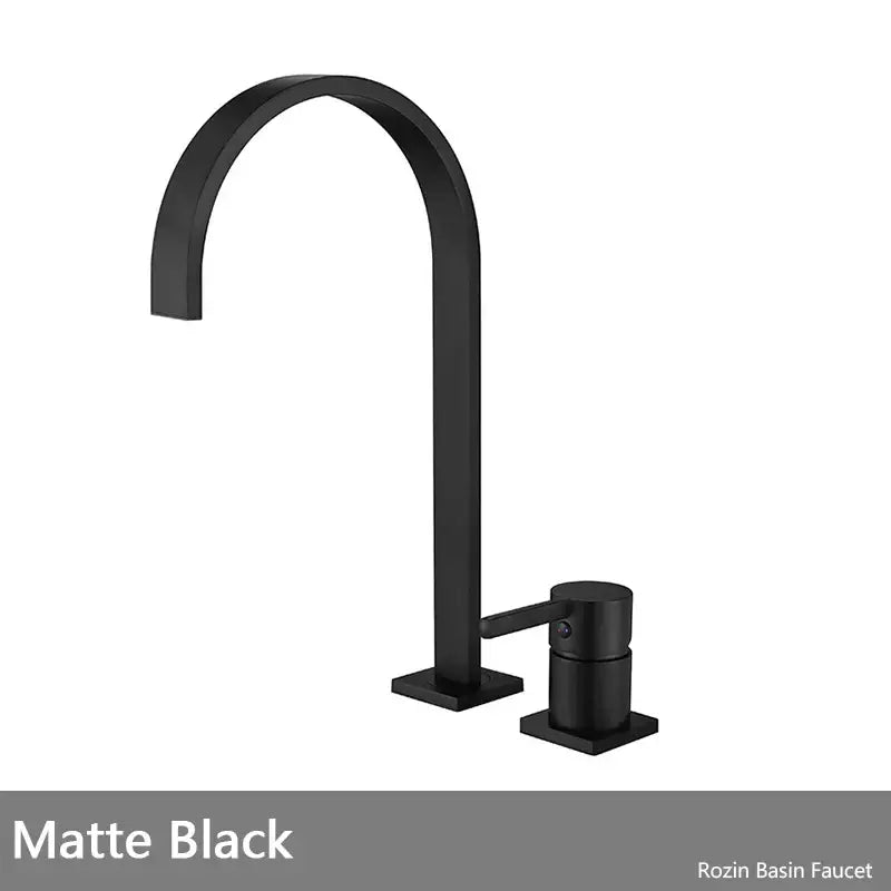 Modern brushed gold basin faucet for bathroom sink featuring a matte black rozin design with minimalist curves decorbites brushed gold