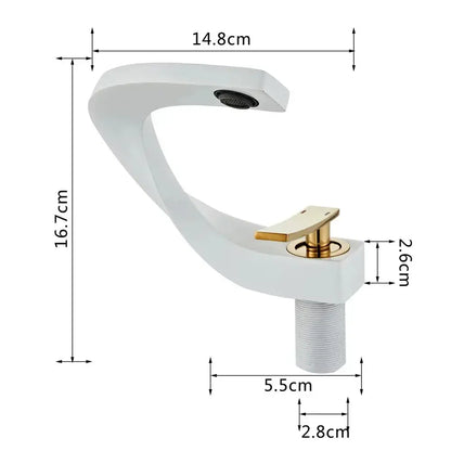Modern brushed gold basin faucet with sleek curved white spout and gold-tone handle from decorbites basin faucet collection
