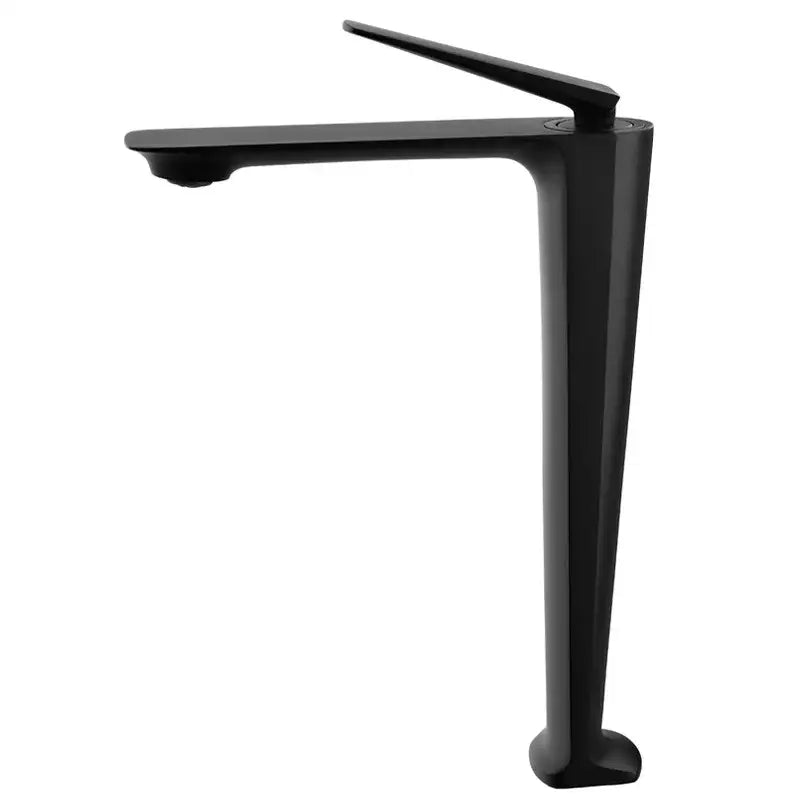 Modern black matte-finish faucet with sleek angular design and tall slender base for brushed gold basin decorbites bathroom use