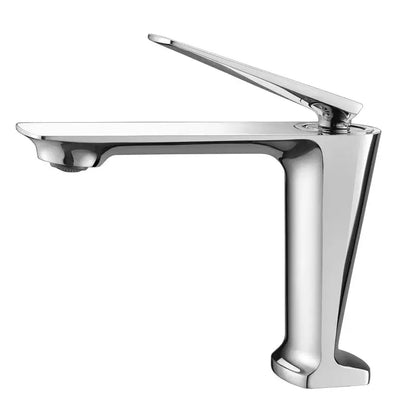 Modern brushed gold basin faucet with a sleek chrome-finished single-handle and high-arc spout for bathroom sinks