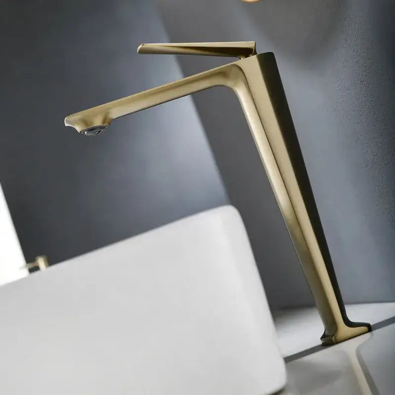 Modern brushed gold basin faucet with sleek minimalist design and tall angular spout for bathroom sink decorbites brushed gold