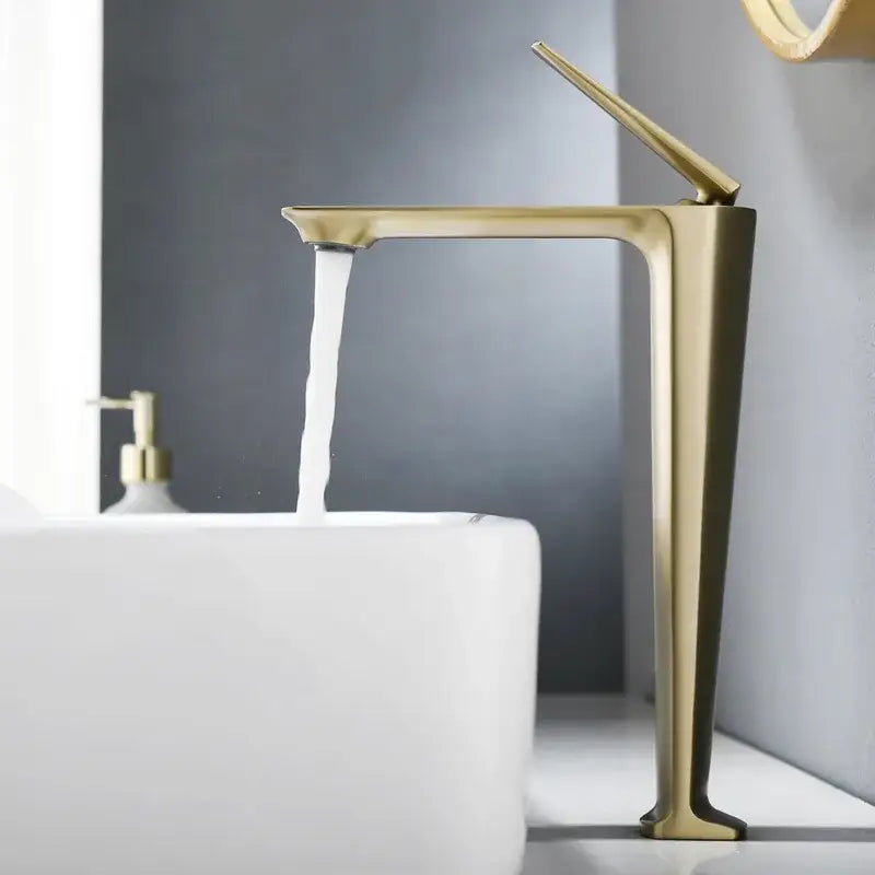 Modern brushed gold basin faucet with sleek angular design and tall slender profile for bathroom decorbites brushed gold