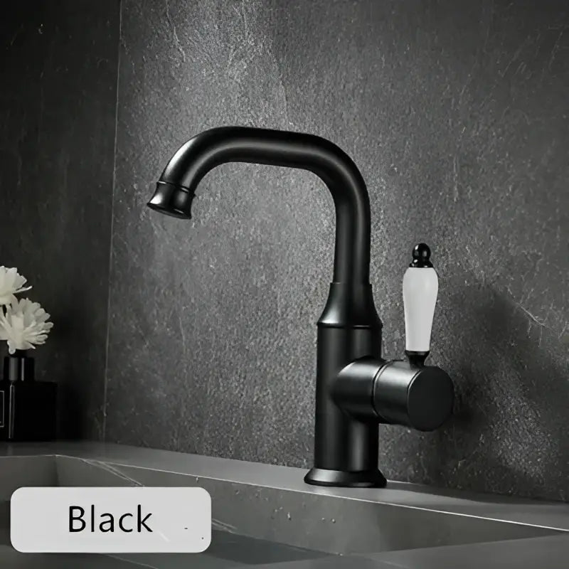 Black matte basin faucet with white ceramic handle contrasting decorbites brushed gold bathroom sink tap design