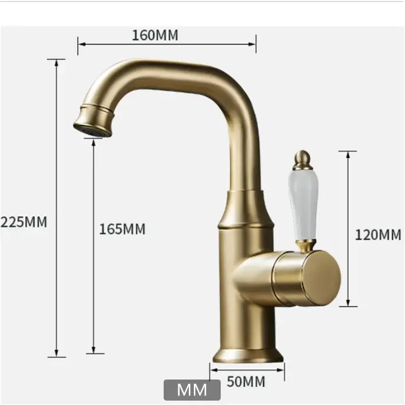 Modern brushed gold basin faucet with brass finish and white ceramic knob from decorbites brushed gold collection