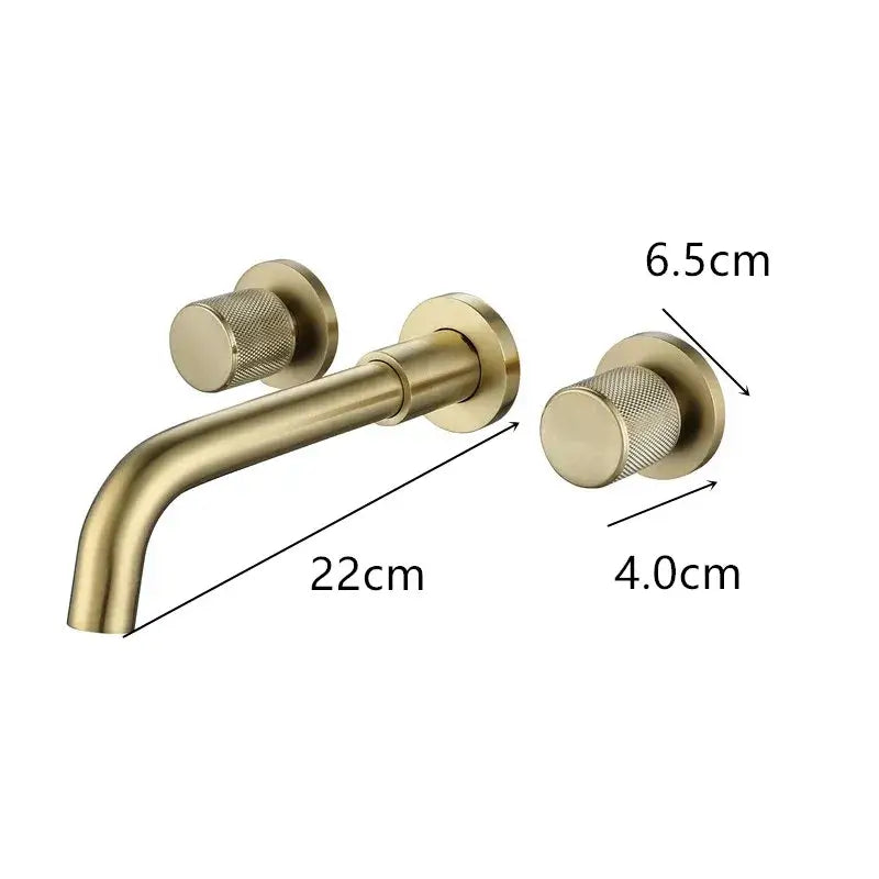 Modern brushed gold basin faucet wall mount with brass finish and textured circular knobs decorbites brushed gold design