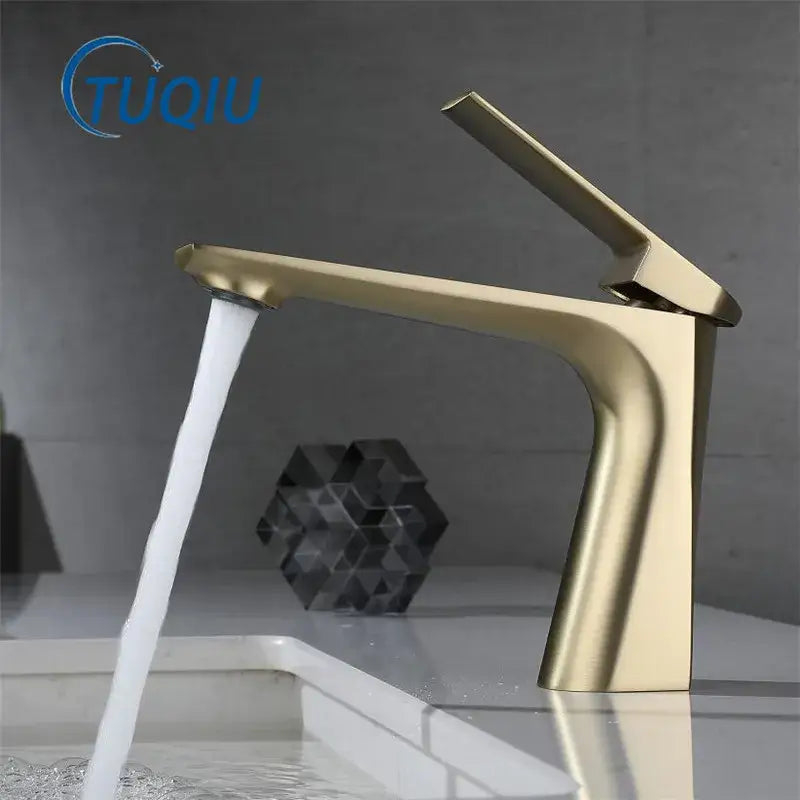 Modern brushed gold basin faucet with sleek angular design and brushed metal finish for decorbites brushed gold collection