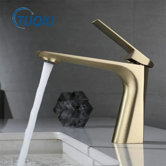 Modern brushed gold basin faucet with sleek angular design and brushed metal finish for bathroom decorbites collection