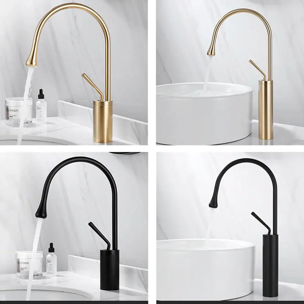 Modern brushed gold basin faucet kitchen sink tap with sleek curved spouts and cylindrical black bases