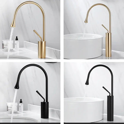 Modern brushed gold basin faucet kitchen sink tap with sleek curved spouts and cylindrical black bases