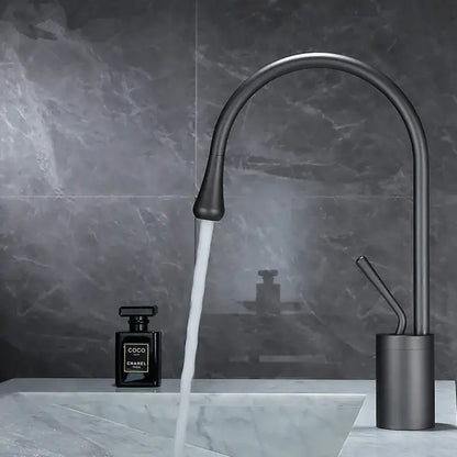 Modern matte black basin faucet with sleek curved spout and cylindrical base complementing decorbites brushed gold style