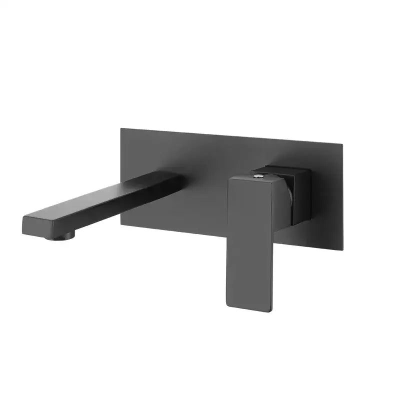 Modern matte black wall-mounted basin faucet set with sleek rectangular design and minimalist handles for bathroom use