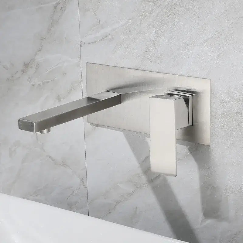 Modern brushed stainless steel wall-mounted basin faucet set with sleek rectangular spout and square handle